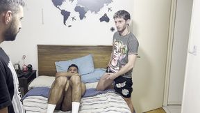 threesome big dick: we found my step cousin using his consulate when we entered the room with my friend and we started fucking