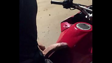 Big dick jerking off on a motorcycle
