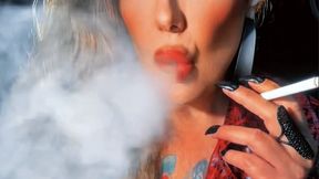 Custom - Mouth exhalations only, mouth inhalations, eye contact, leather overcoat - Heavy makeup - Audible inhalations and exhalations - Virginia Slims 120