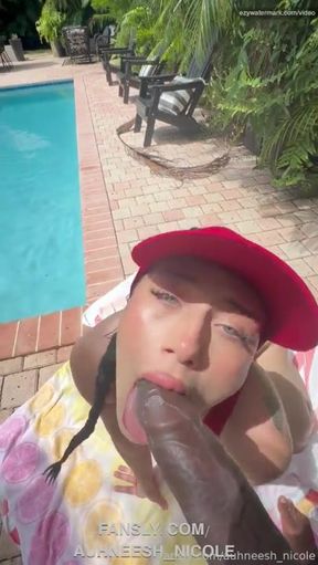 Snowbunny lifeguard enjoys outdoor BBC passion by the pool