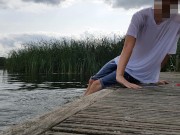 Sagging wet outdoor in lake with clothes