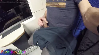 Horny twink strokes his huge uncut cock on a public train