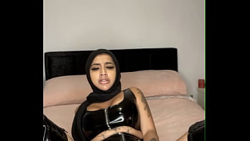 Hoejabi in latex 2 piece being horny slut with BWC dildo