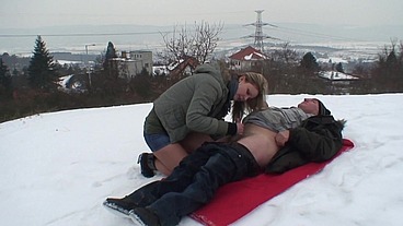 Horny blonde with perfect tits lets her hot shaved pussy get fucked outdoors by old man with hard cock