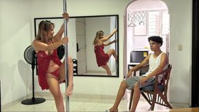 Big-ass stepmom seduces her stepson with a sexy dance and he wants to fuck her in the hard ass.