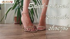 Sand-colored sandals: shoejob, cock crush 4k