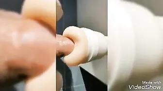 Muscular gay amateur toys his ass with a big dildo in locker room