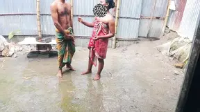 Soaking wet in the rain, she brings her friend home and plays with him