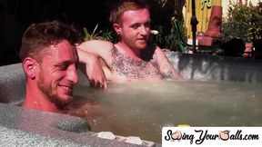Inked ginger homo enjoys jacuzzi then jack off with his lover