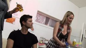 Two blonde milfs with big boobs get double penetration covered in oil