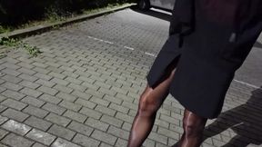 Crossdresser in Cage with Electricity with Seamless Pantyhose and High Heels