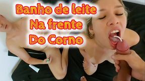 Latina MILF swallows cum while cuck gets jealous