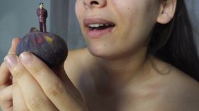 My Giantess stepsister uses tiny stepbrother as a spoon and cutlery to eat the fig fruit and then after eating she is still hungry so she sucks tiny stepbrother like a candy in 4k
