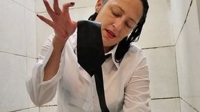 Soaking wet sock and wet button down blouse play in shower with dripping wet tie