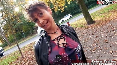 German mature milf seduces stranger in public park for casting session ending in facial
