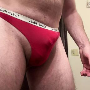 Jerking in step daughter&#039;s red thong panty