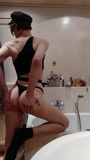 Femboy strips in his bath