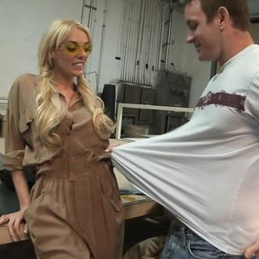 Stacked Slutty Stacy Saran Fucks Blue Collar Buddy in the Workshop