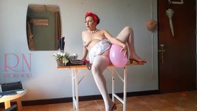 Office Obsession, The naked secretary in the office with white apron blows balloons, masturbates.