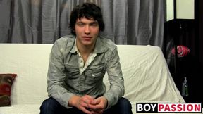 Interviewed cock guzzler plays with his big dick and cums