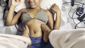Using my feet to tickle and rub Serena's belly - Lesbian Ebony Belly Massage & Tickling