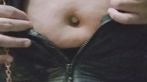 Black leather jacket , neck collar leash goth look