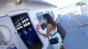 Sheila Ortega swallows cock in Ibiza Ferry's public toilet