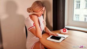 Dirty German Nurse Lauren helps prick get a cumshot sample &mdash;  dude!