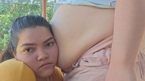 listening to the sound of the fat woman's stomach