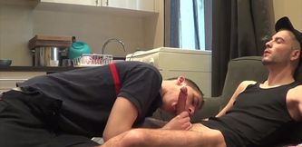 Appealing boys use the couch to fulfill their lust for blowjob together