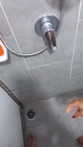 Sensual Red Nails Soapy Shower Handjob
