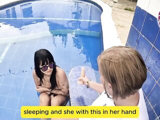 I discover my stepdaughter masturbating in the pool and we screw to show her.