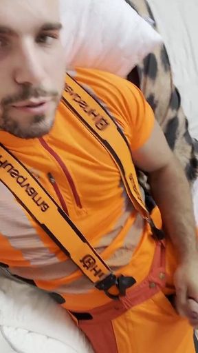 Lumberjack in Hivis Jerks His Huge Cock and Muscle Worship