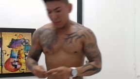 Muscular Guy Strips, Flexes and Strokes His Cock