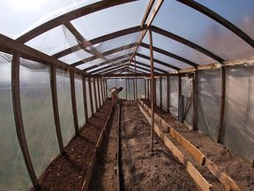 Nude house wife working in the greenhouse