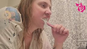 Brushing Teeth and Scrubbing Tongue with lots of Thick Foam