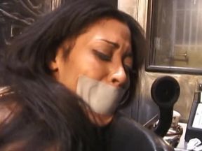 Ebony babe gets whipped while gagged and bound