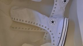 Primey's Unlaced White XXHi Converse and Faux Leather Jeans Bath!