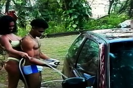 Hot Brazilian cutie Sandra  proposed her friends to wash their car and to have some bisexual fun grass lawn