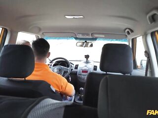 Fake Driving School Tattooed chick rides a large knob in a public place