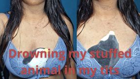 Squashing the stuffed with my tits