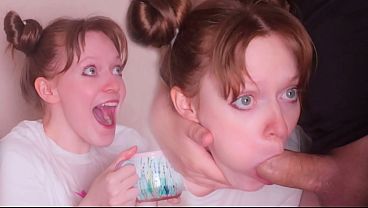Crazy redhead stepsister gives a deepthroat wet blowjob to a big cock