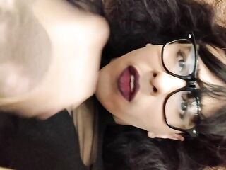 T-girl Self Facial Cum on Glasses Sissy Cumslut