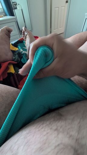 Stroking and nutting through some panties with a plug in me
