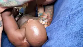 Tattooed Melissa and Foxxxy get their pipes filled by huge black shaft
