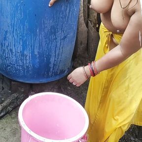 Indian bhabhi bathing outside hot