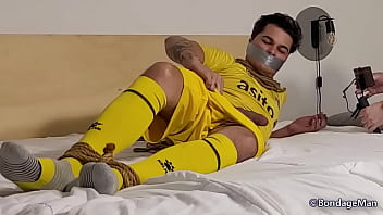 Doug football player tied up and gagged jerking off | Behind the Scenes