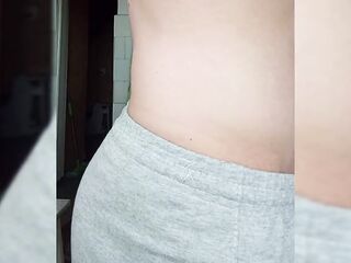 Chubby penis in gray shorts. Tugjob in the kitchen whilst preparing breakfast