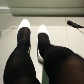 White Patent Pumps with Black Pantyhose Teaser 7