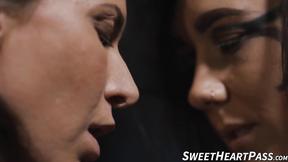 ”Horny lesbian Sinn Sage licks & scissors the trimmed muff of straight Ariel X”